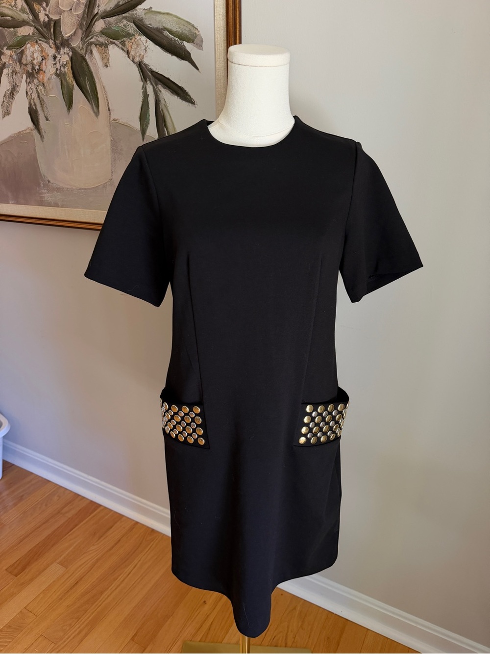 Calvin Klein Black Short-Sleeve Mini Dress with Gold Stud Pockets